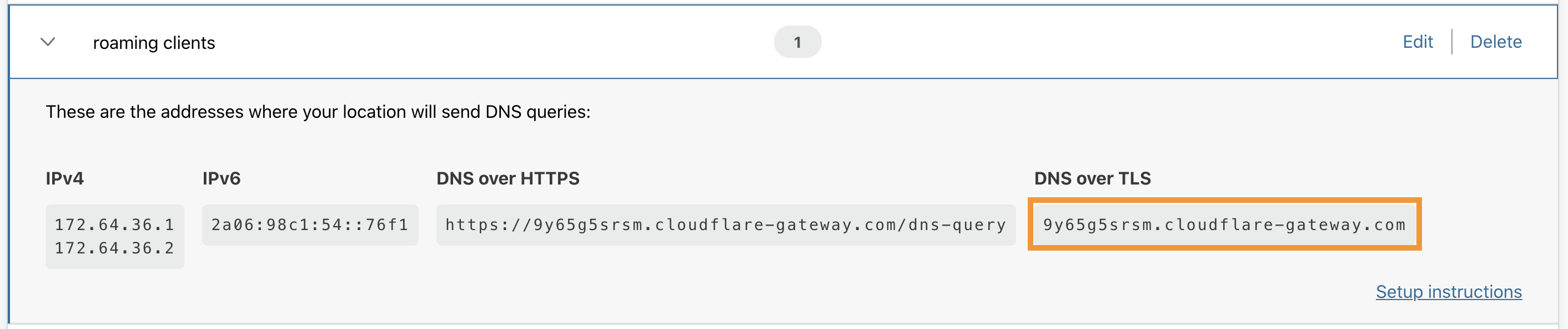 Getting the DoT hostname for a DNS location from the dashboard